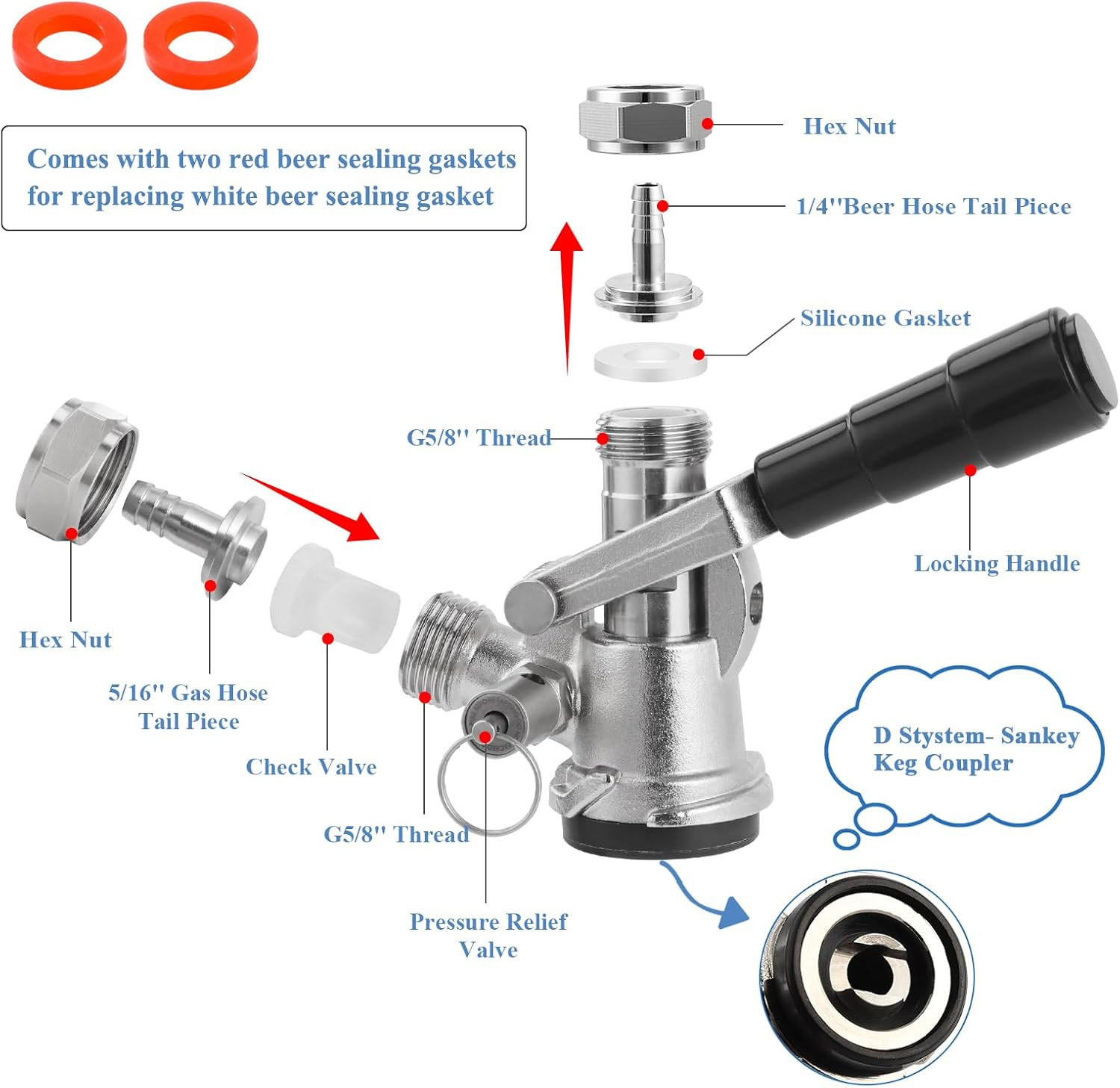 Keg Coupler for Sankey D System Beer Keg Tap Dispenser-304 Stainless Steel Probe