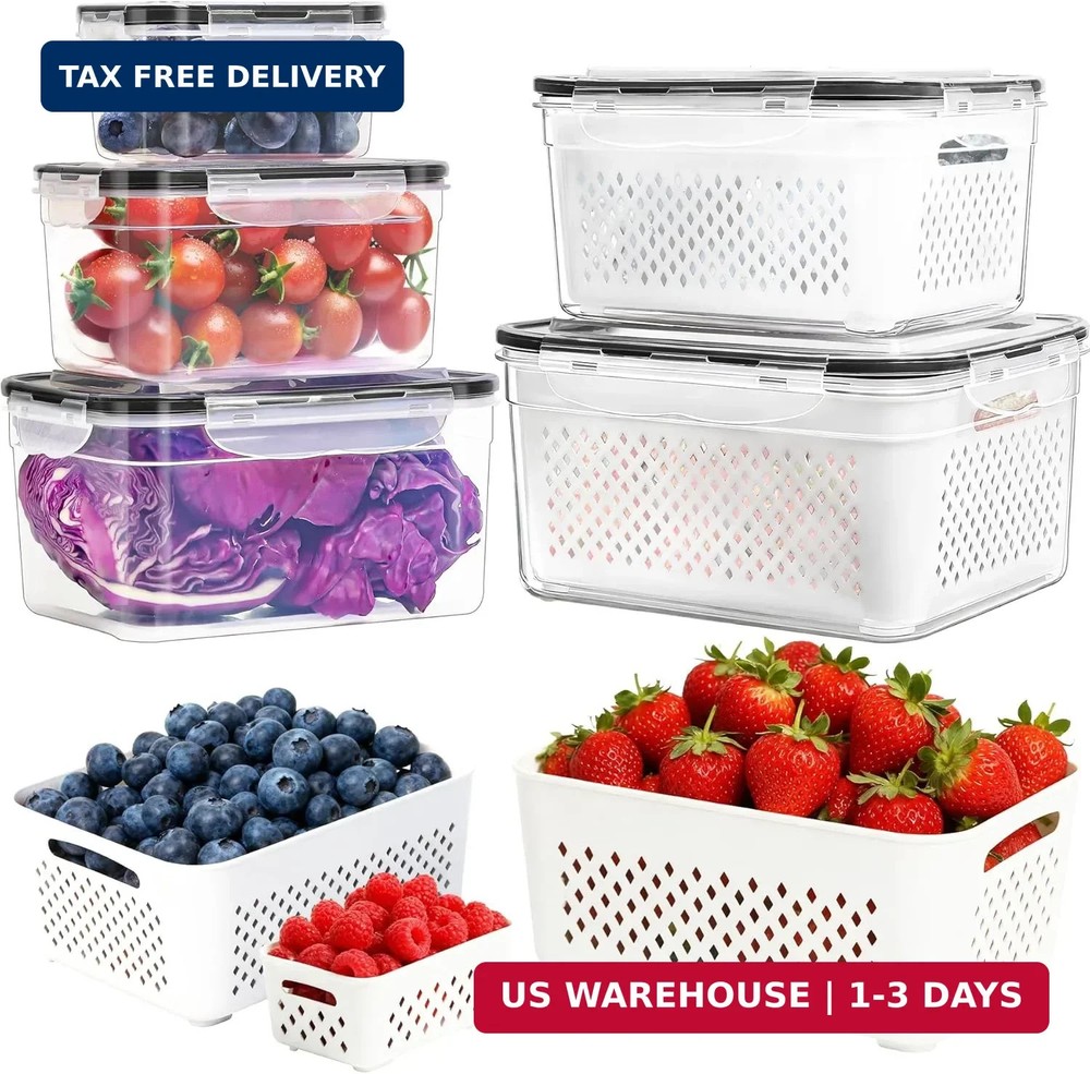 PRAKI 5-Pack Large Fruit Storage Containers for Fridge with Removable Colander,