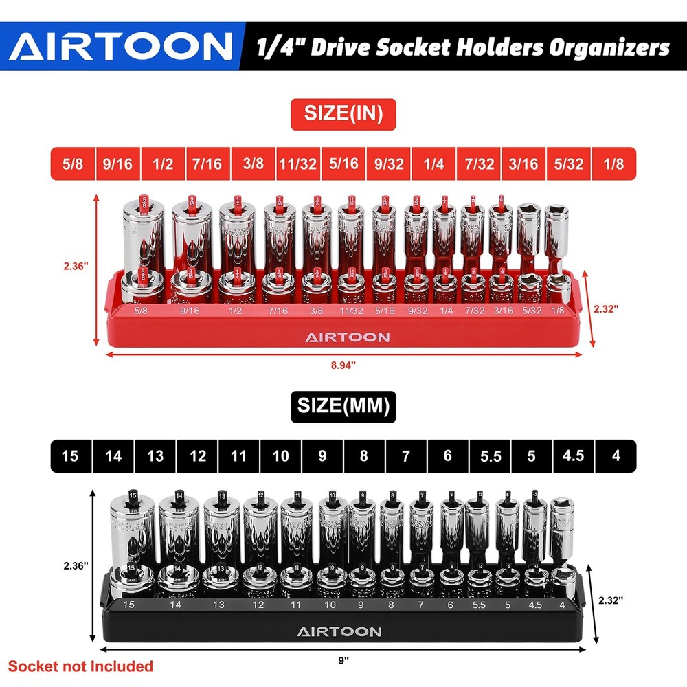4-Piece Socket Organizer Set - SAE & Metric Holders for Toolboxes, Black & Red