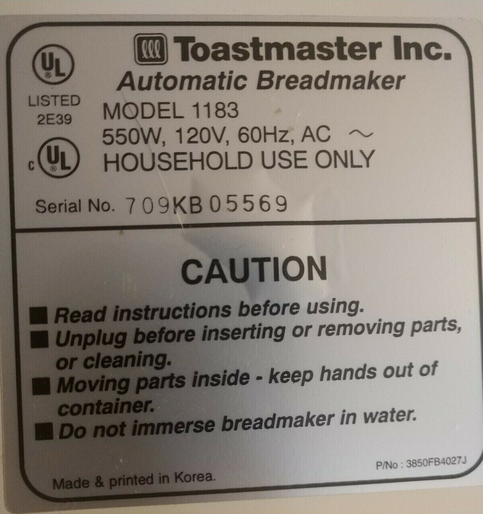 Lid for Toastmaster Bread Maker Machine Models 1183 1188 1189S only