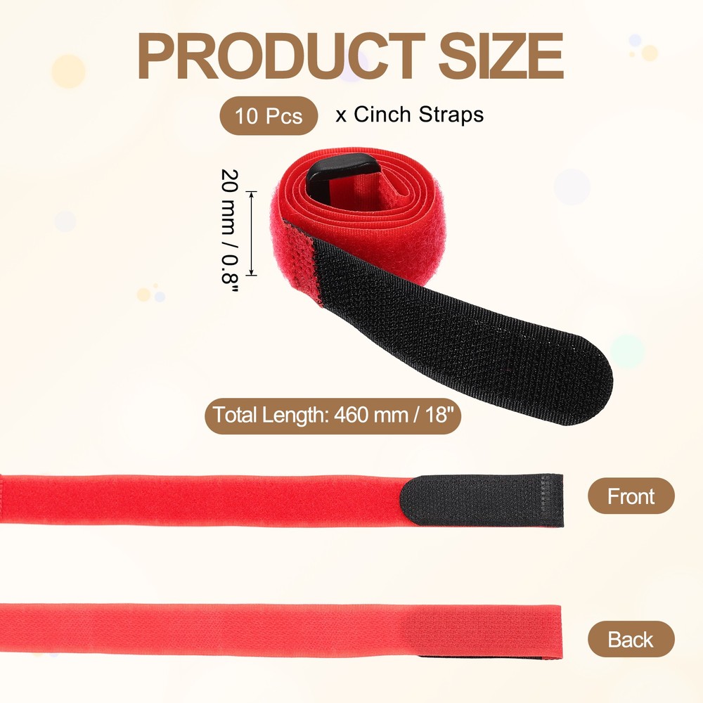 10pcs Reusable Cinch Straps 0.8"x18" Hook and Loop Cable Securing Straps, Red