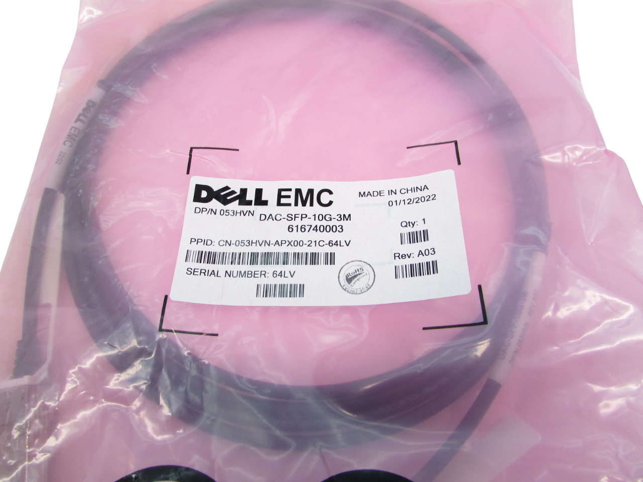 Dell Networking Cable SFP+ to SFP+ 10GBe Twinax 3 meter cable 053HVN