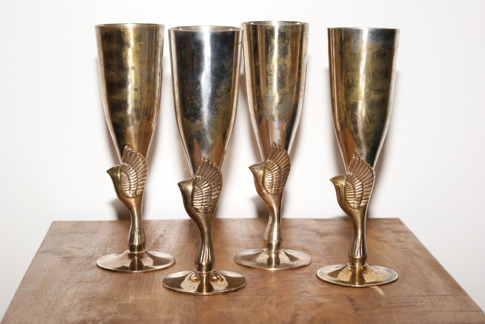 Vintage Godinger 8" Heavy Silver Plated & Brass Flute Goblets, India, Set of 4