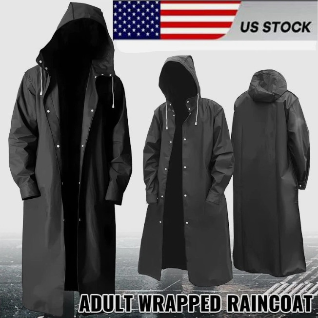 Men Black Waterproof Long Raincoat Hooded Trench Jacket Outdoor Hiking Rain Coat