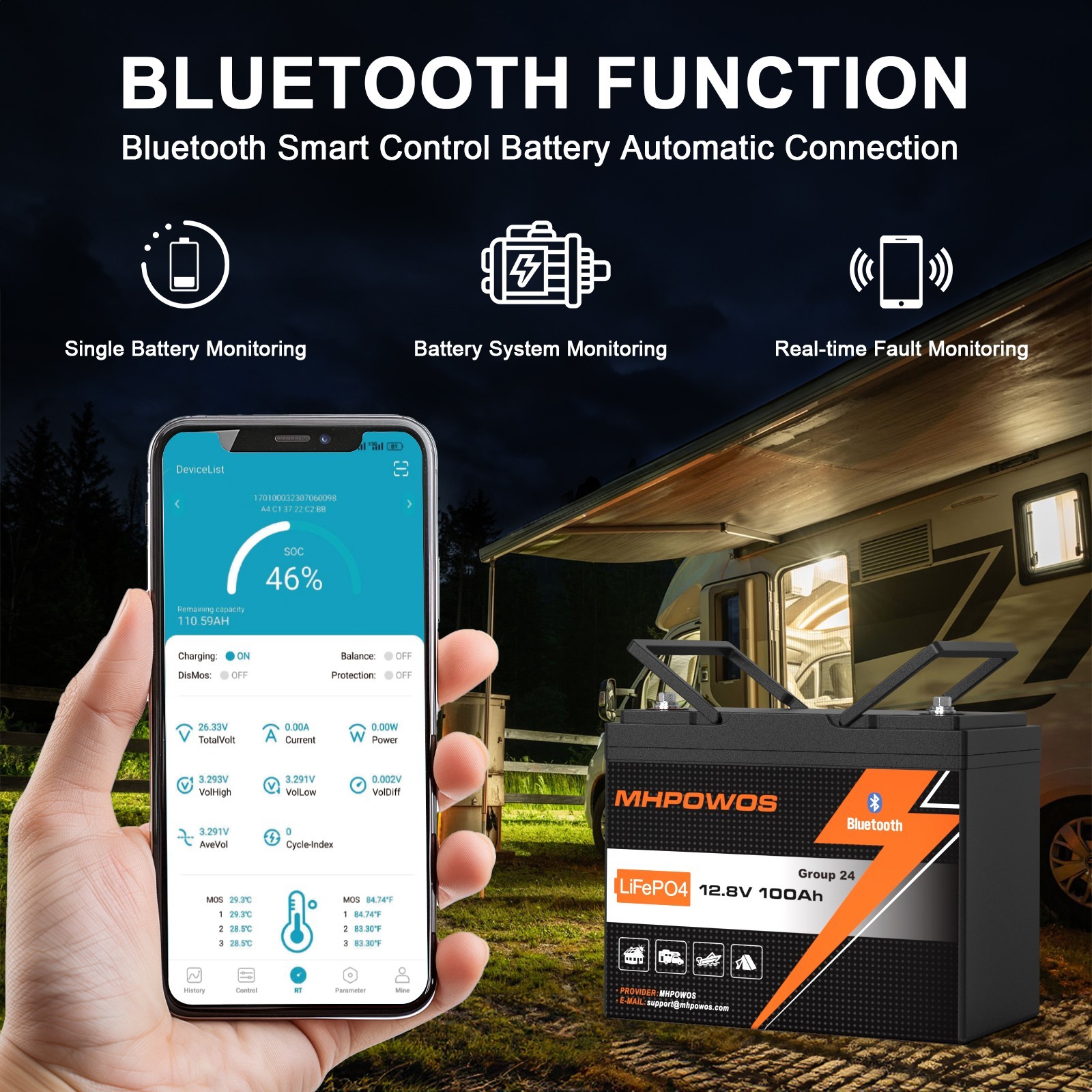 12V 100Ah lifepo4 battery Group 24 Bluetooth Solar Cells For RV Trolling Motor