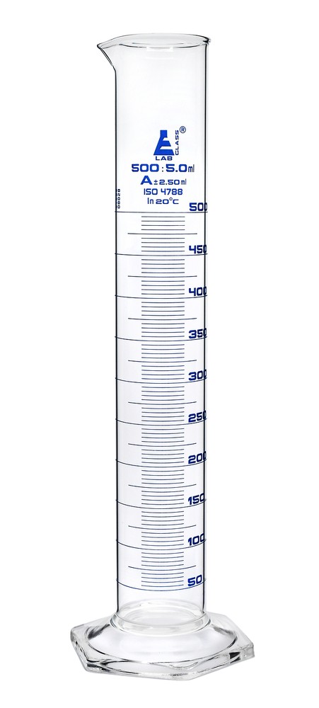 Eisco Labs 500ml Graduated Cylinder, Class A - Blue Graduations, Hexagonal Base