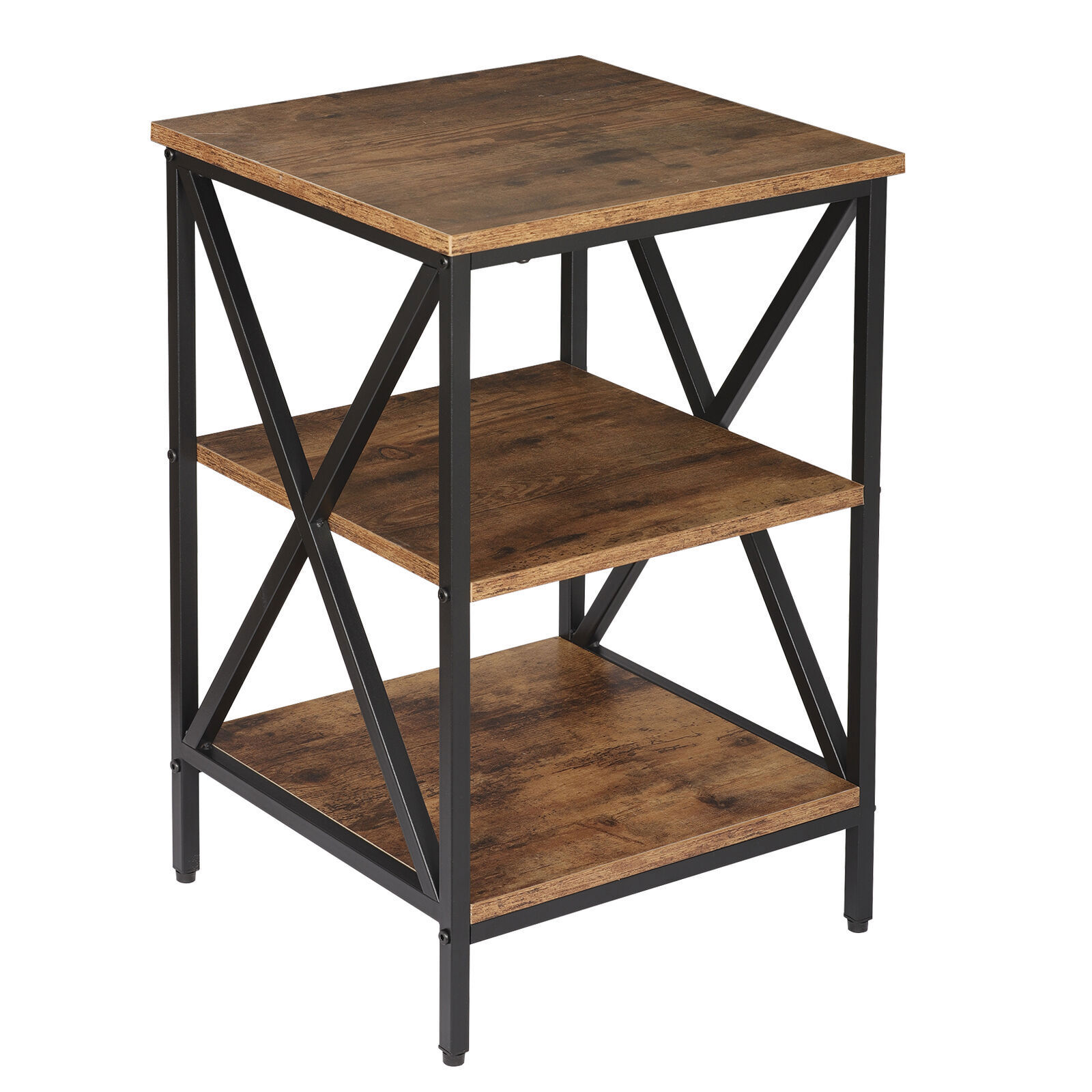 24.4" Side Table Industrial X Shape 3-Tier Small End Table Storage Sheves Brown