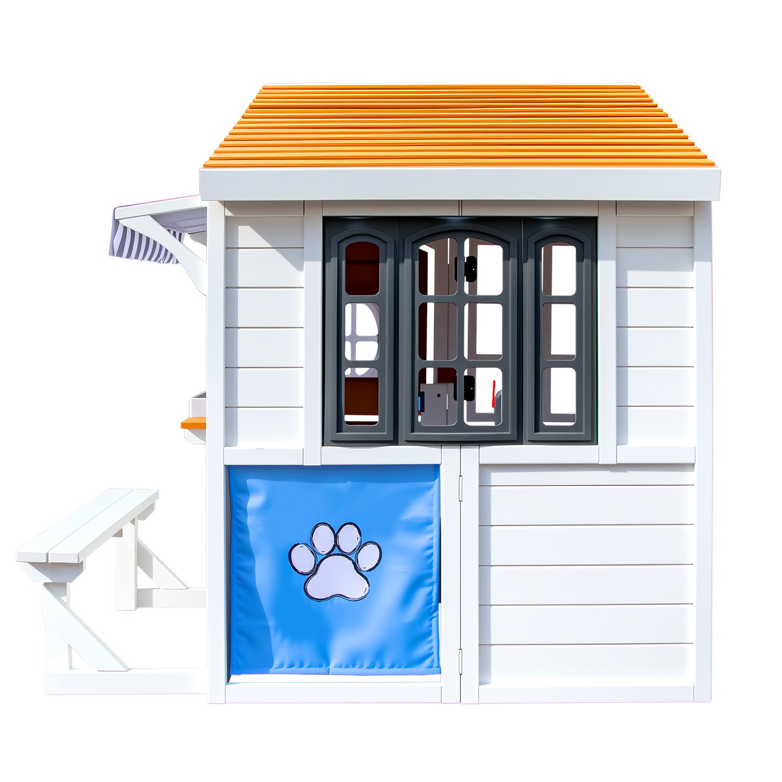 Wooden Kids Playhouse Cottage Play Kitchen,Bench,Mailbox,Tic-Tac-Toe,Chalkboards