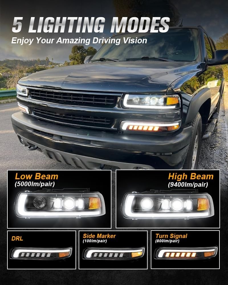 LED Headlights Assembly Headlamps Replacement Compatible with 1999-2002 Chevy Si