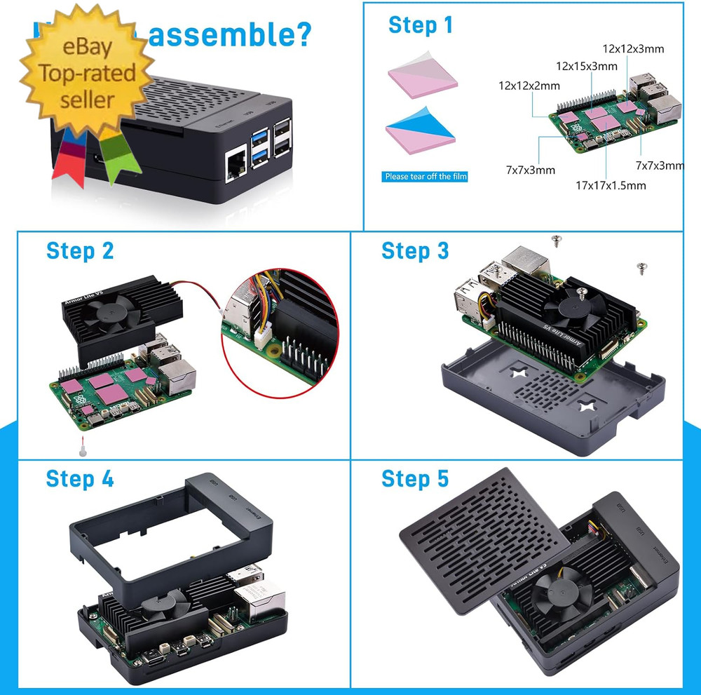 ABS Case with Armor Lite V5 Active Cooler for Raspberry Pi 5, Pi 5 Case with Alu