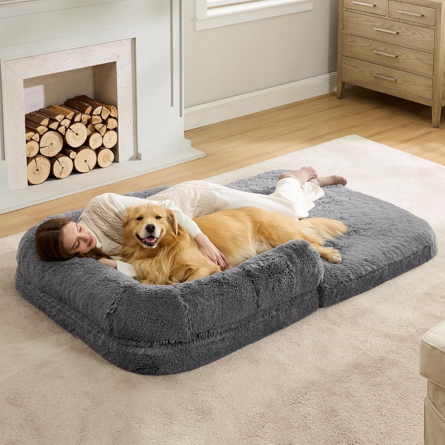 Human Dog Bed for Adult, 2 in 1 Foldable Giant Dog Bed for People Fits Pet