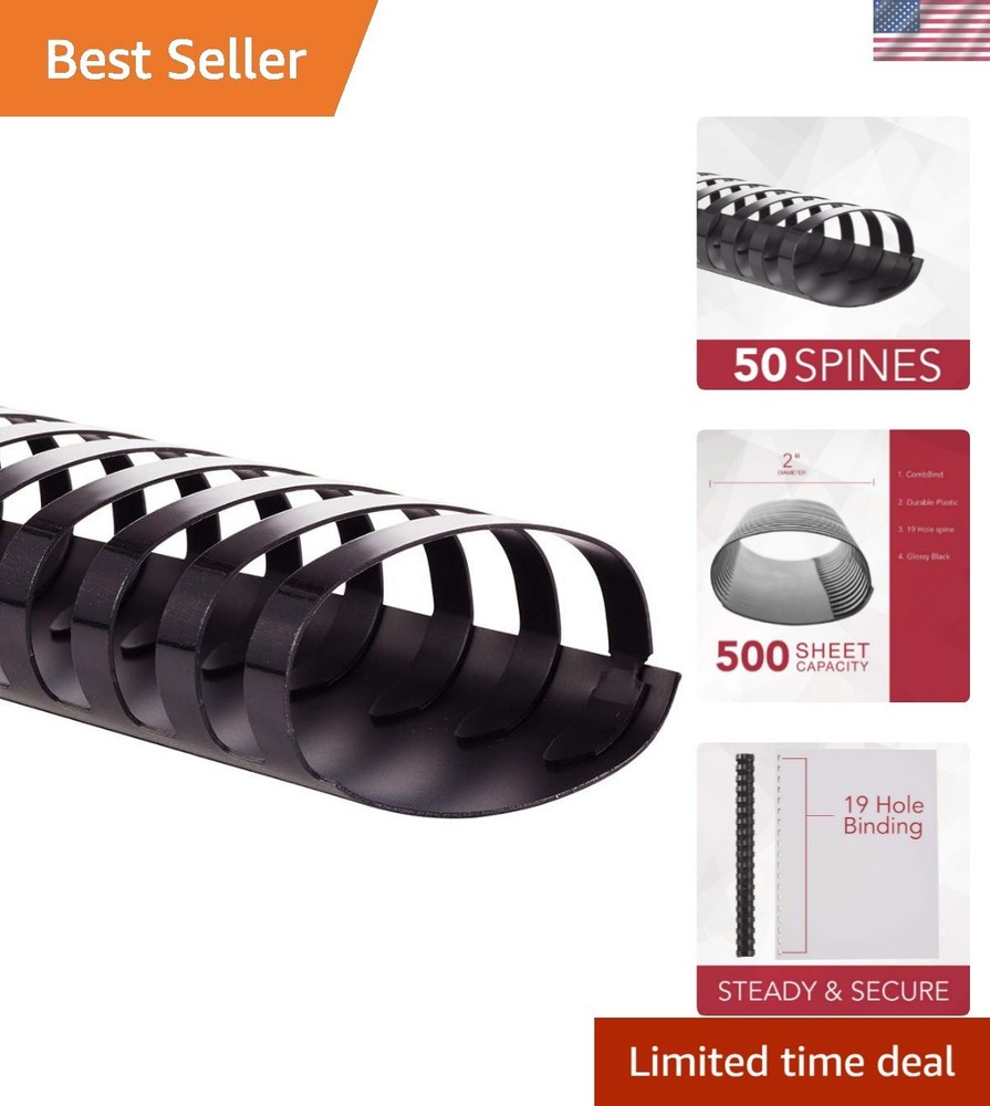 Sleek CombBind 2" Plastic Binding Spines - 500 Sheet Capacity, Black, 50 Count
