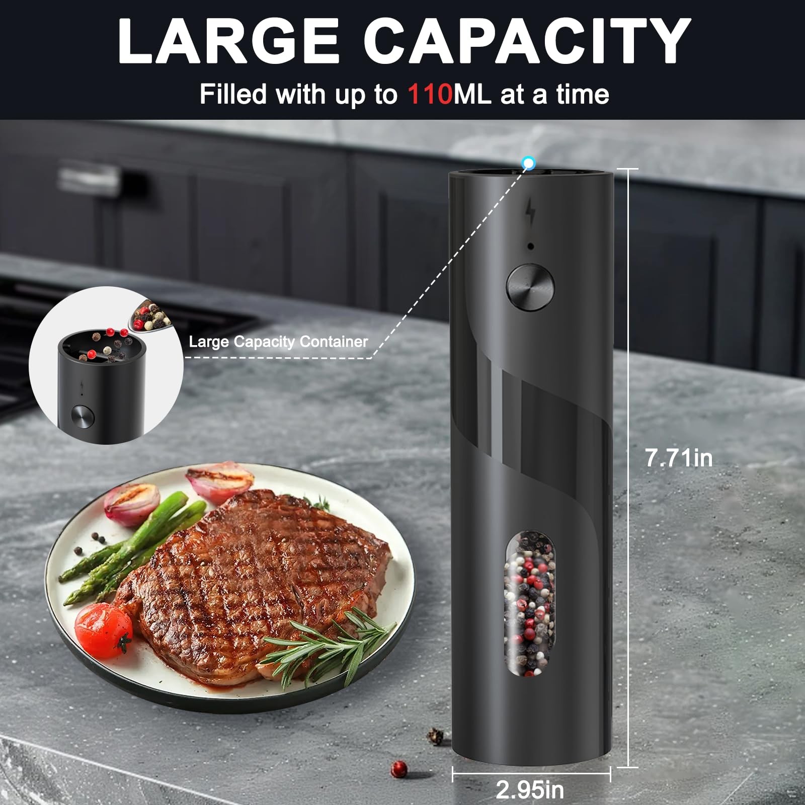 Electric Salt and Pepper Grinder Set Rechargeable with LED Pack of 2 with Base