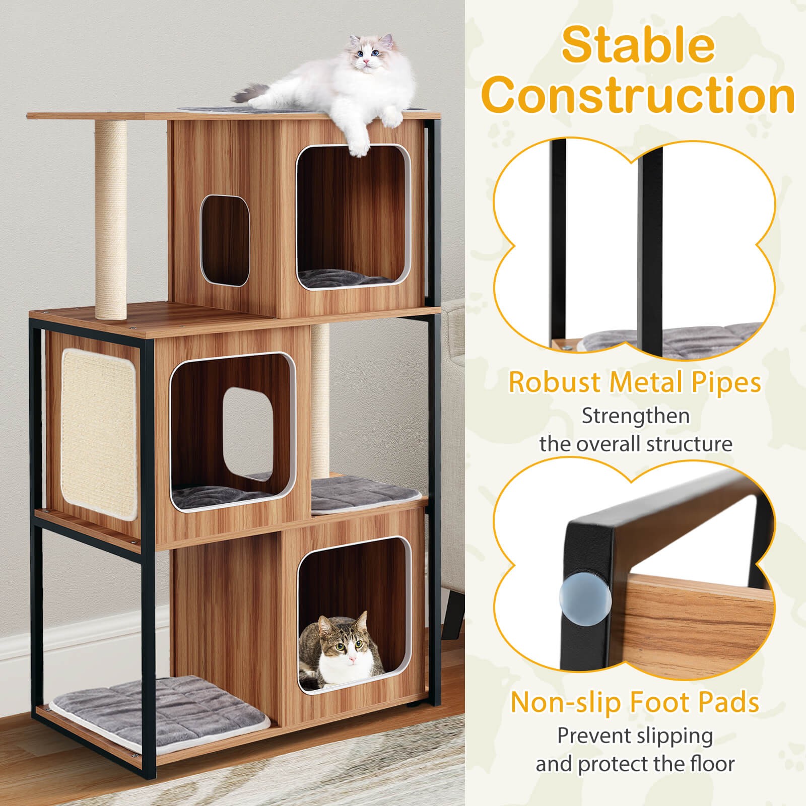 Modern Cat Tree for Indoor Kittens Cat Tower House w/ Metal Frame Large Platform