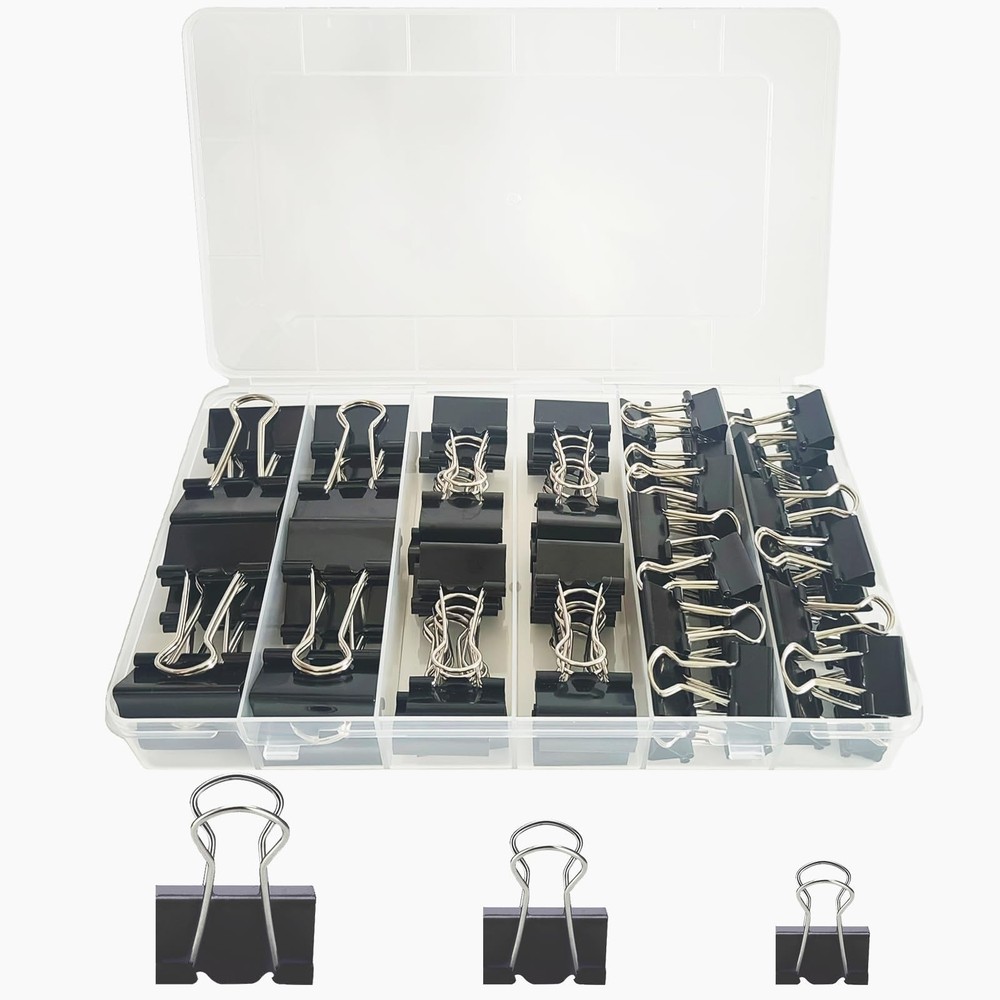 76 Pcs Black Binder Clips Paper Clamps Set Assorted Sizes Large Medium Small ...