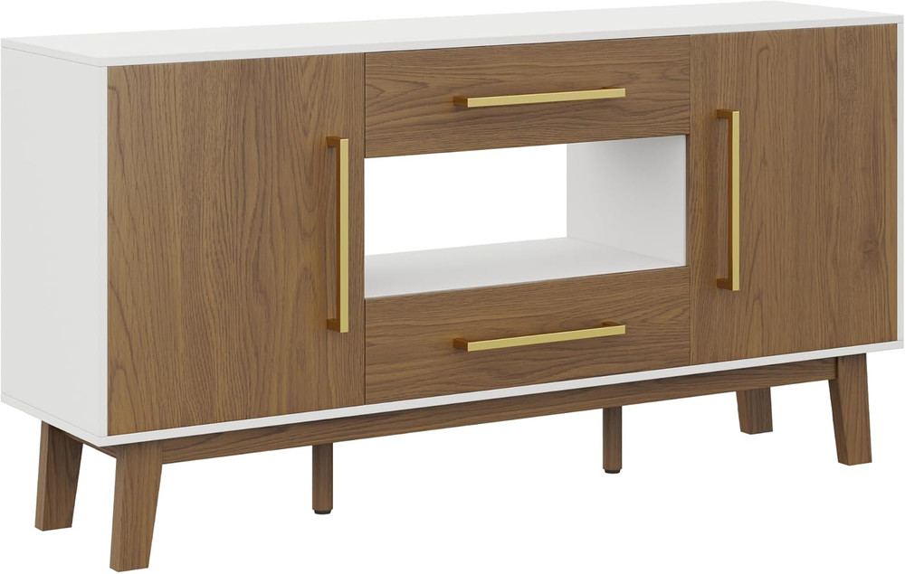 Mid-Century Modern Side Table with Drawers & Cabinets - Dark Walnut