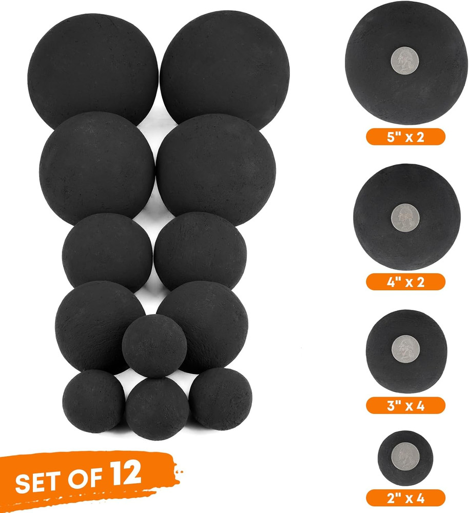 12 Pack Ceramic Fire Balls - Modern Black Decor for Fire Pits & Fireplaces