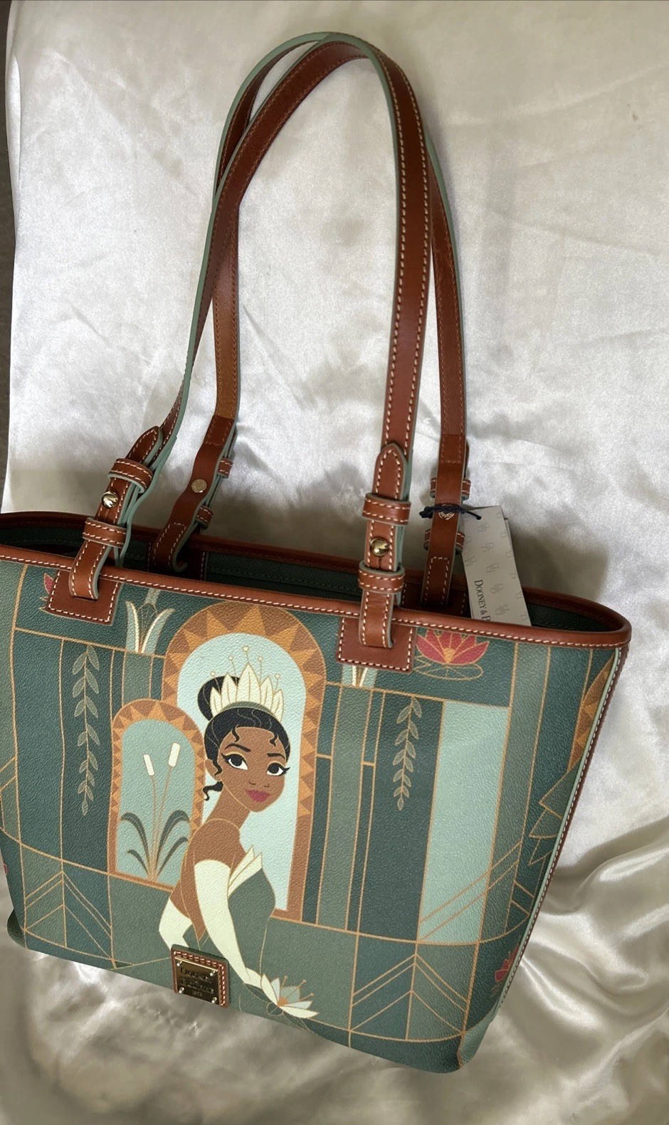 NEW TAGS DISNEY PARKS DOONEY BOURKE PRINCESS TIANA GREEN/BROWN LEATHER TOTE