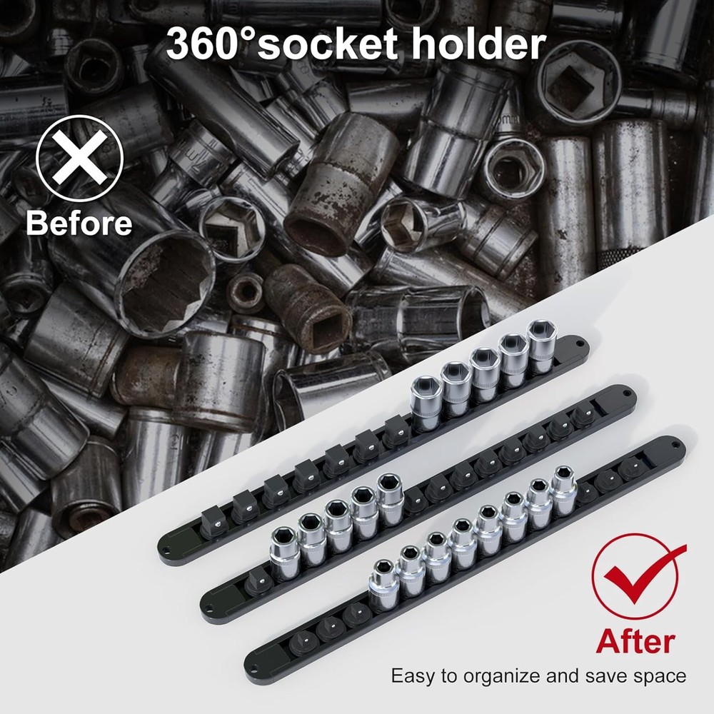 3PCS 360° Socket Organizer Twist Lock,3/8 1/4 1/2 Socket Storage Rails
