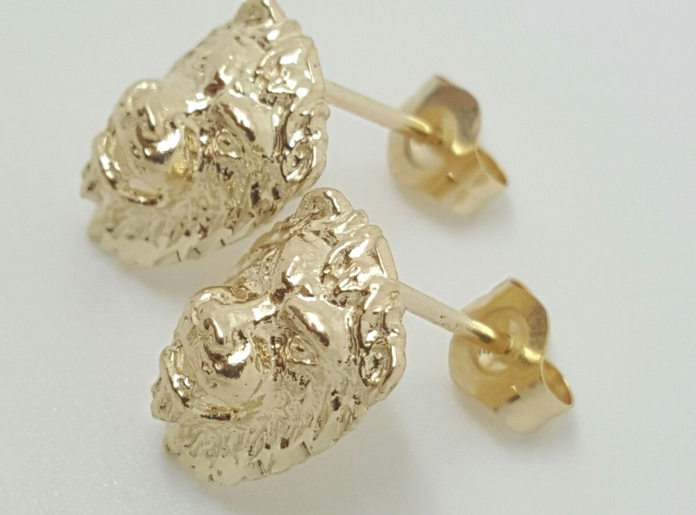 14k Solid Yellow Gold Lion Head Leo Stud Earrings Push Back