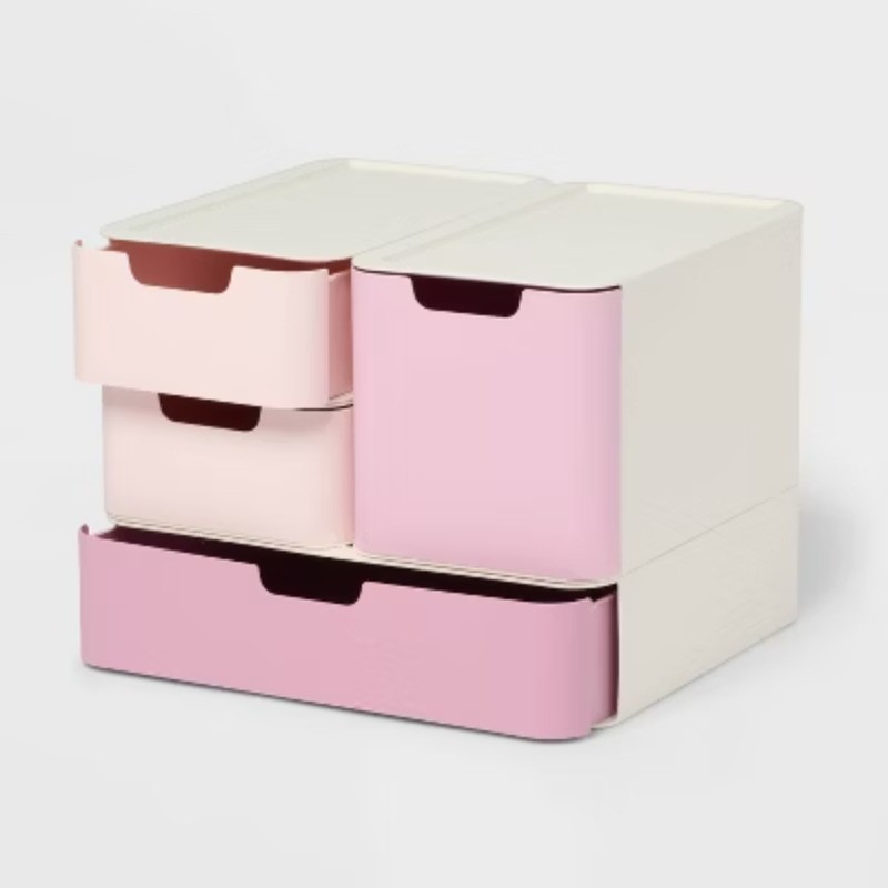 Modular Storage Drawer Set Pink-Features 4 stackable drawers in3 different sizes