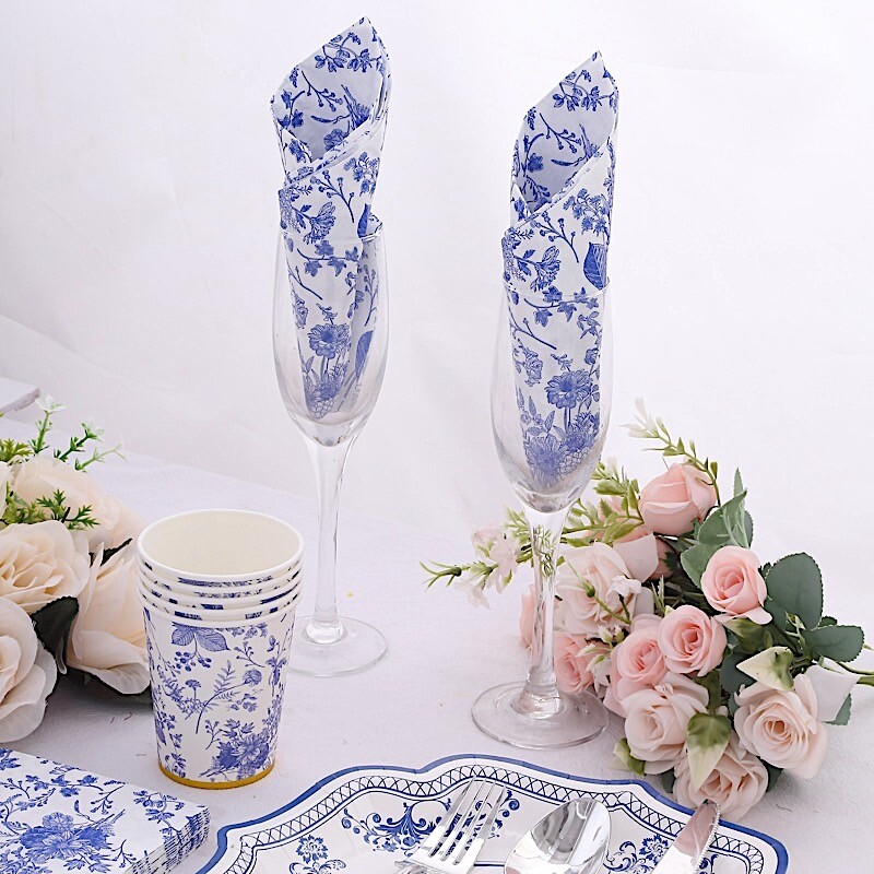 20 White Blue Floral 2 Ply Paper Disposable Dinner Napkins Party Decorations