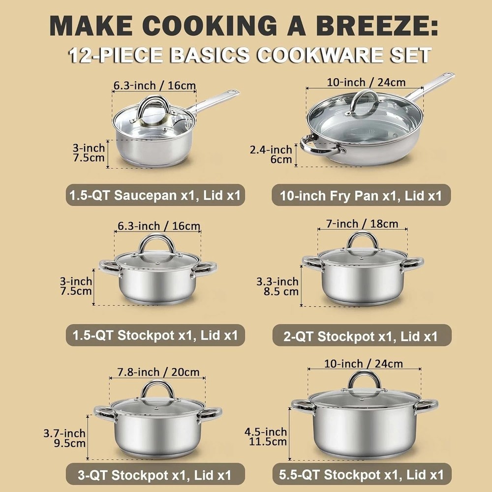 Kitchen Cookware Sets, 12-Piece Basic Stainless Steel Pots and Pans, Silver