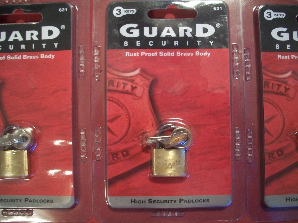 6 Guard Security Rust Proof Solid Brass Padlocks #621, NOS
