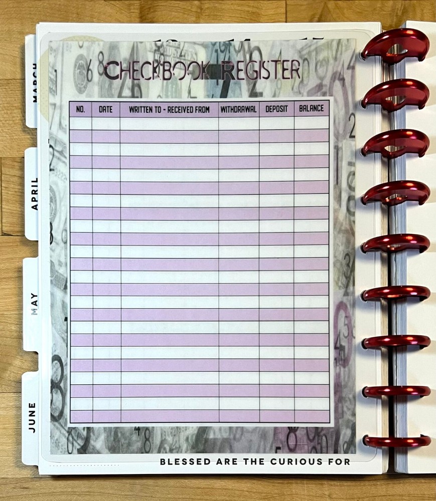 Checkbook Register Dashboard Insert for use with Classic HAPPY Planner-