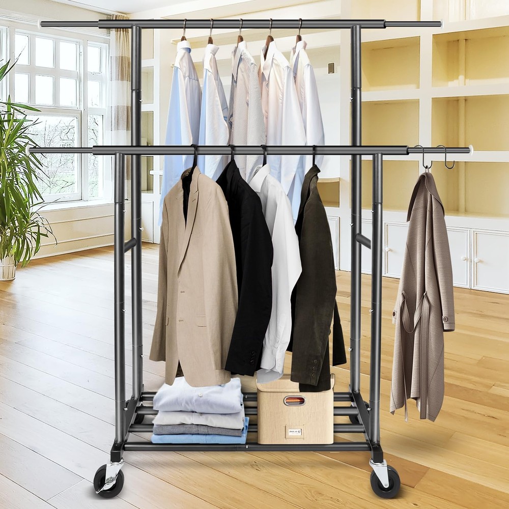 Garment Clothes Rack Double Rods Rolling and Lockable Stand