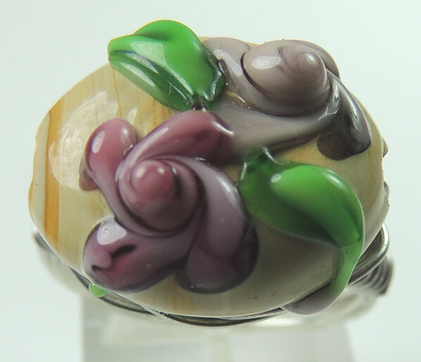 Wire Wrapped Lampwork Floral Bead Ring Handcrafted