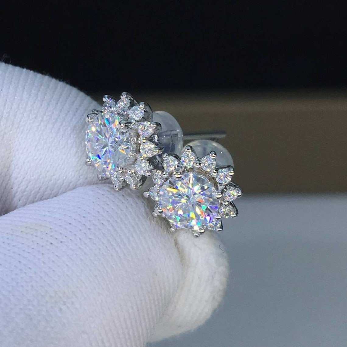 2.00 TCW Round Cut Halo Moissanite Wedding Earring Solid 14K White Gold For Her