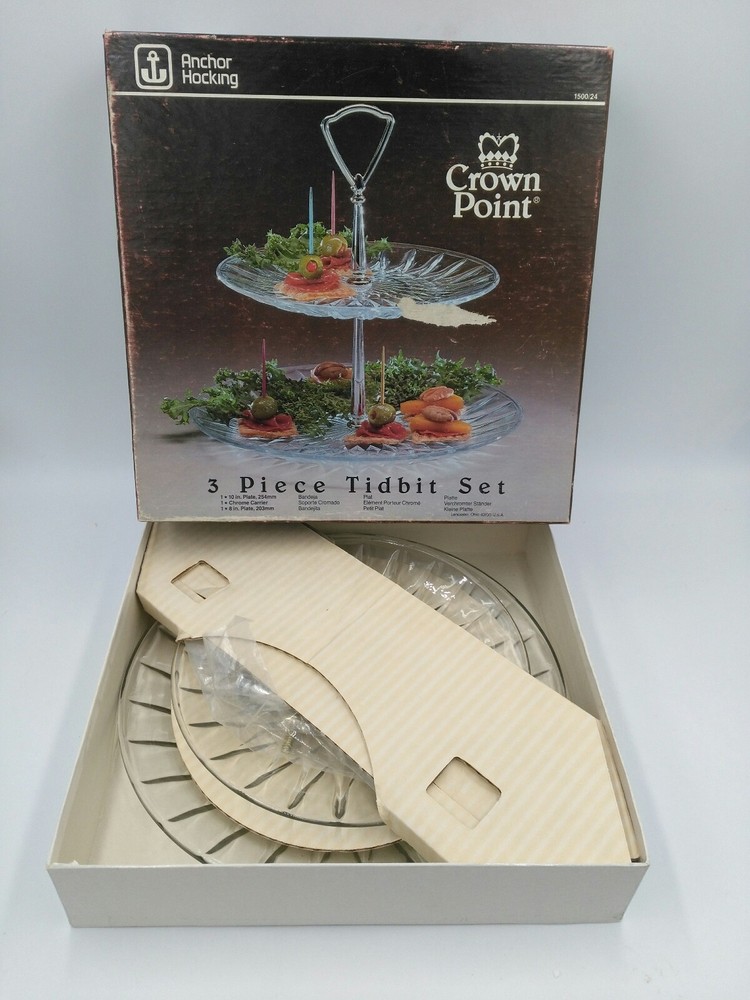 Anchor Hocking 3 Pc Tidbit Set serving Tray Crown Point Pattern