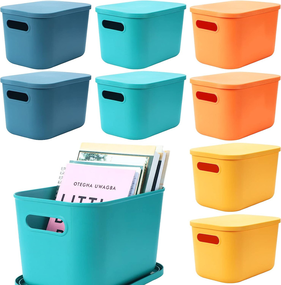 8 Pieces Colorful Storage Bins with Lid and Handle Plastic Stackable Baskets