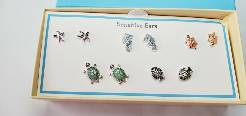 Bay Studio Stud Back Earrings 5 Pair Sensitive Ears Seahorse Starfish Turtles