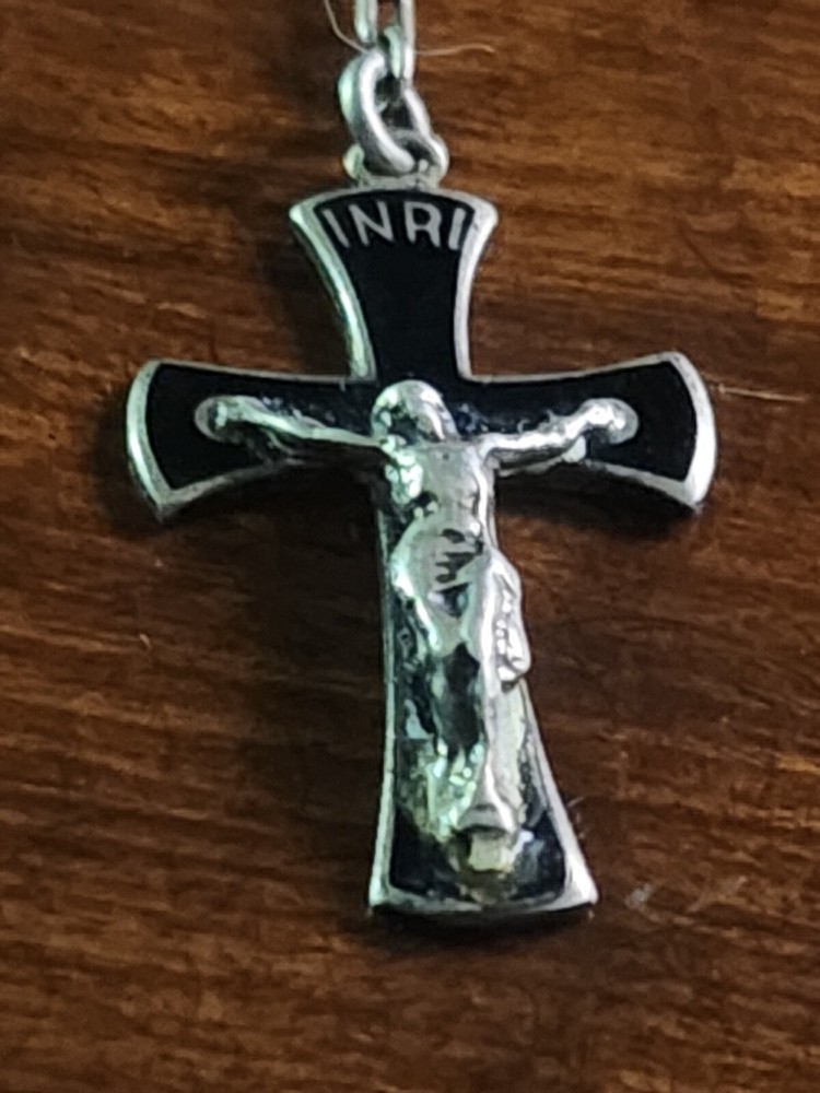 Vtg Black Enameled Solid Sterling Silver Petite Rosary & Sterling Hallmarked Box