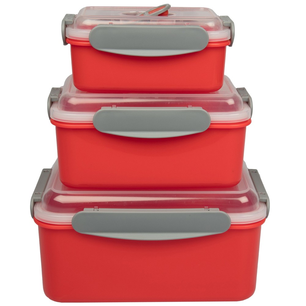 Microwave Vegetable Steamer Containers - 3 Pack Reusable Nesting Food Red