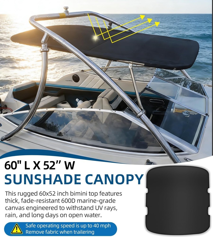 Universal Wakeboard Tower Mounted Flat Cargo Bimini Top Cover 600D Canvas Frame