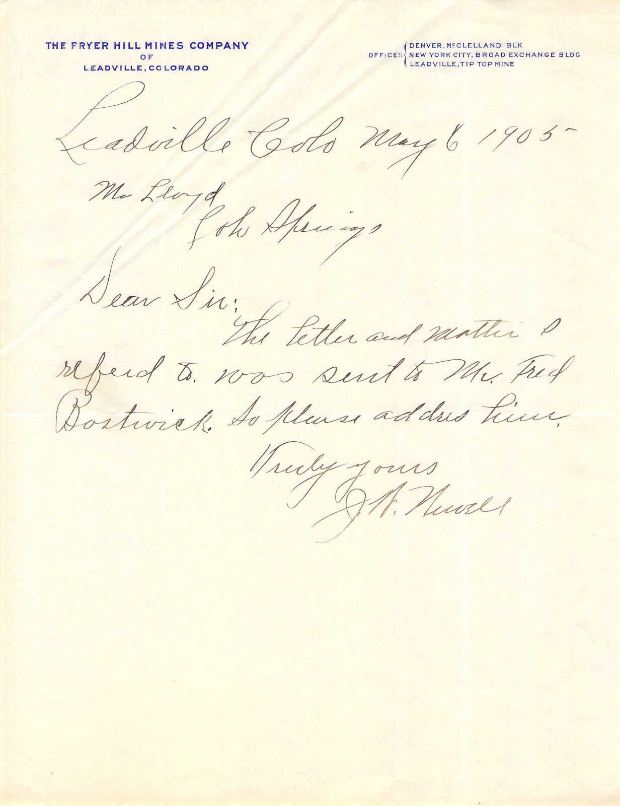 FRYER HILL MINES LEADVILLE COLORADO TIP TOP MINE J W NEWELL