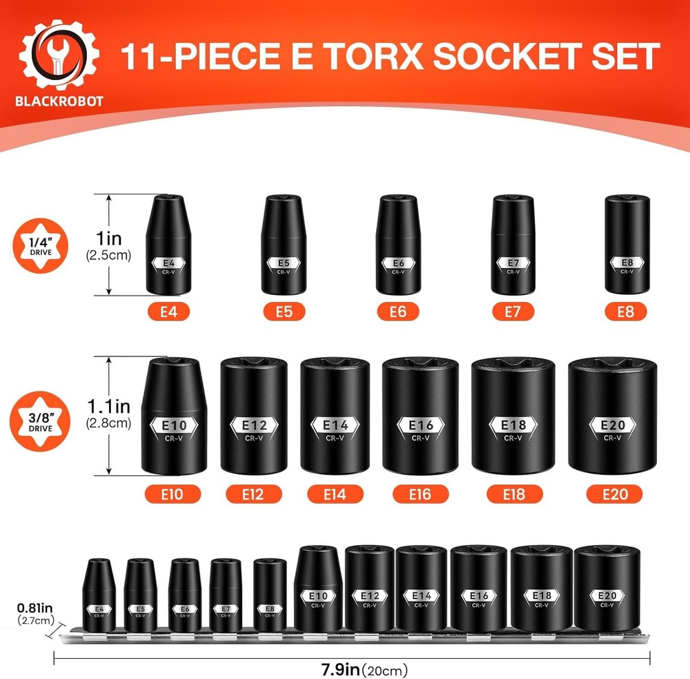 E Torx & Star Socket Set With Rail, 11-Piece Female External Sockets, E4-E20