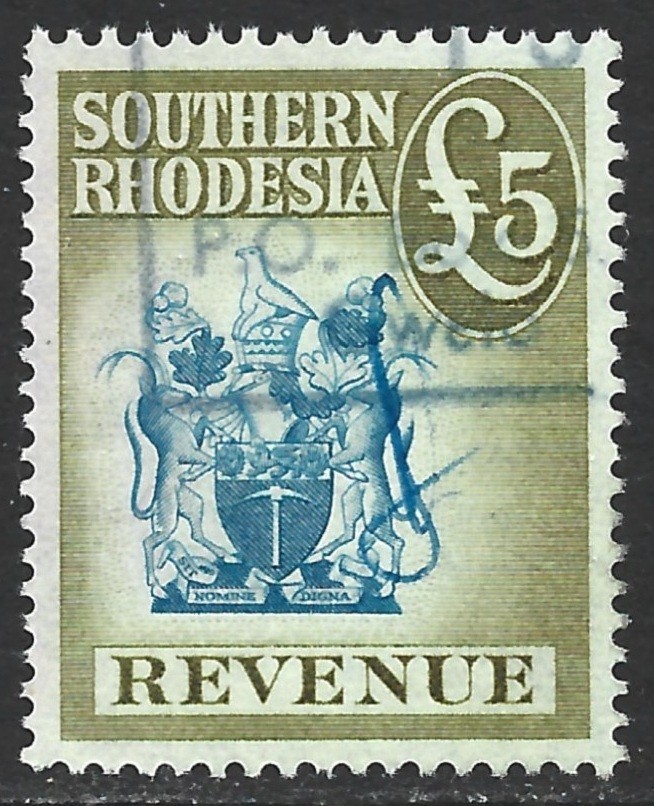 Southern Rhodesia 1954 Arms Revenue £5 Barefoot #40 Fine Used