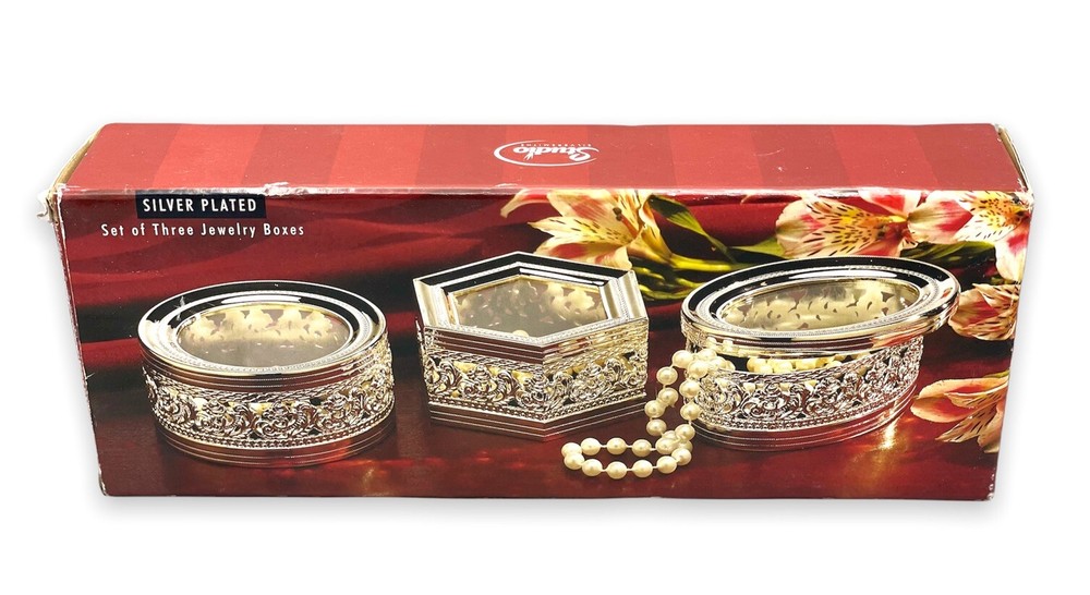 Studio Silversmiths Silver Plated Jewelry Boxes Set of 3 Matching Item #43022