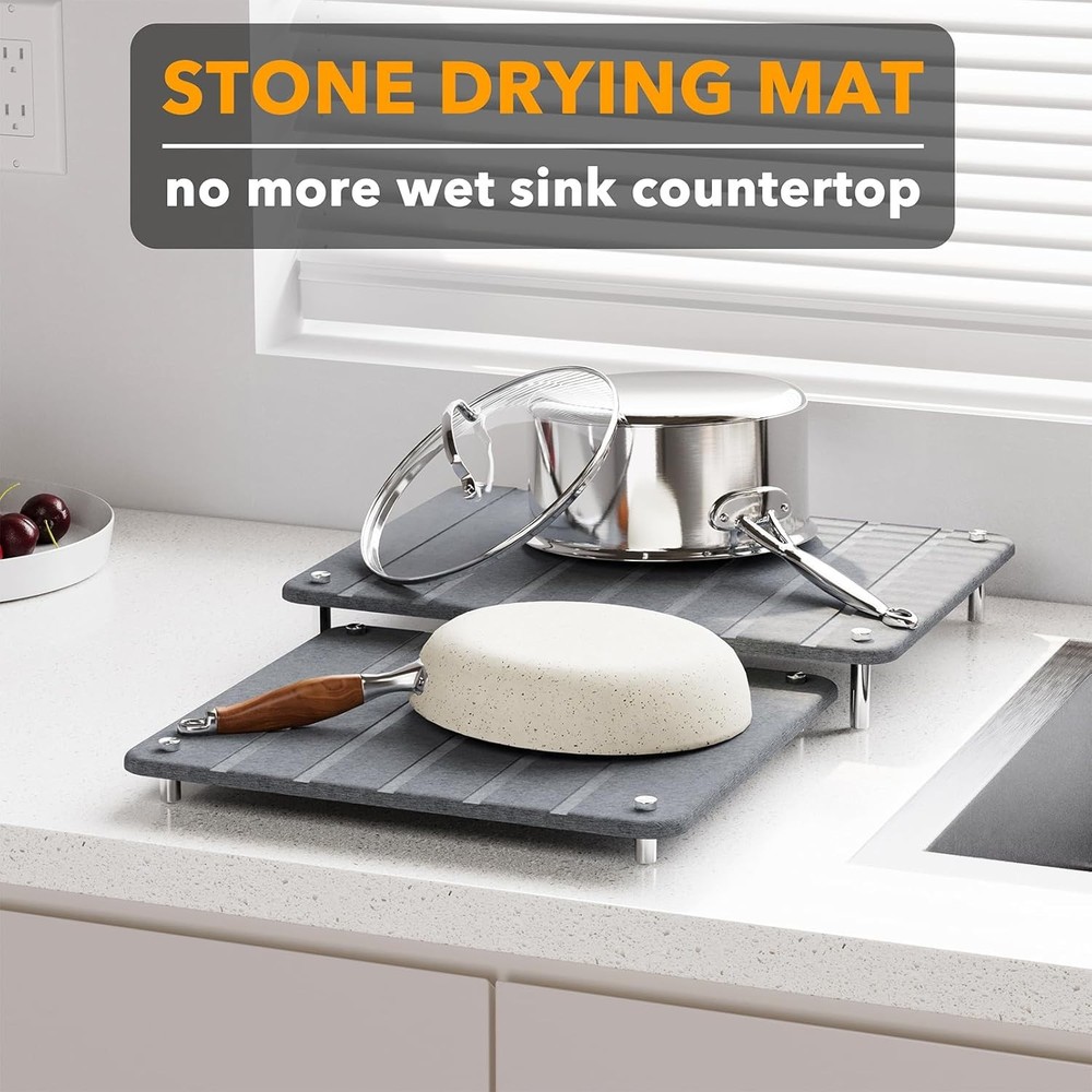 2 Pack Stone Dish Drying Mats for Kitchen Counter, Expandable