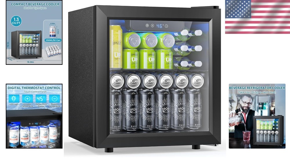 Compact 1.3 Cu.ft Beverage Refrigerator - Holds 50 Cans, Adjustable Temp Control