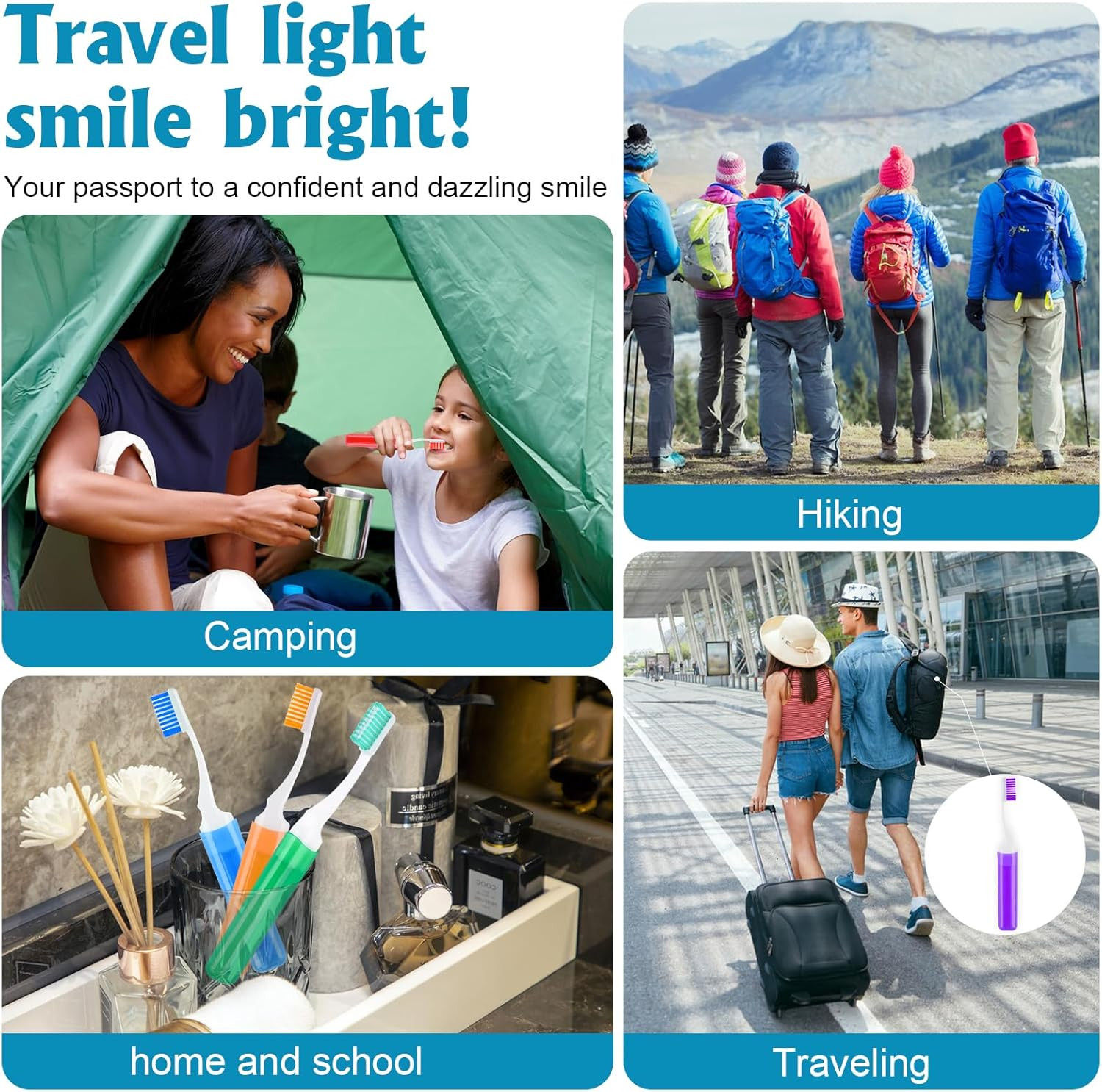 20 Pack Travel Folding Toothbrushes Medium Bristles Portable Camping Hygiene