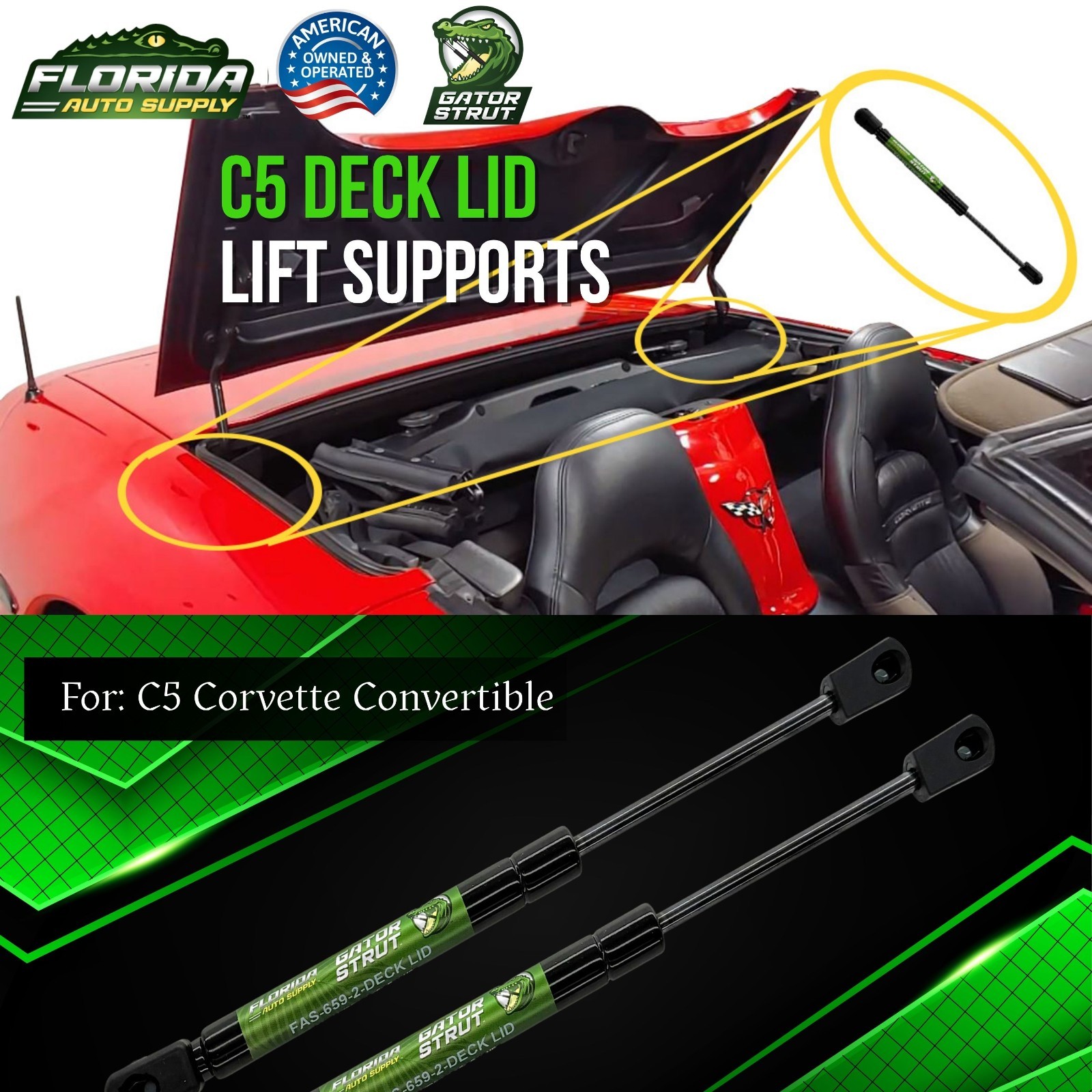 2 Deck Lid Compartment Lift Supports FAS-659 For 98-04 C5 Corvette Convertibles