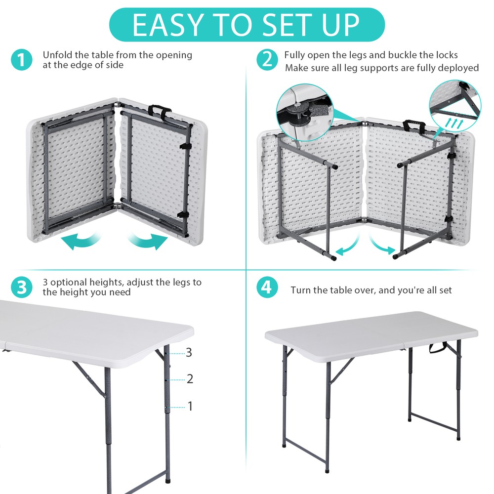 Folding Table 4' Portable Table Foldable Legs & Adjustable Height Utility Table