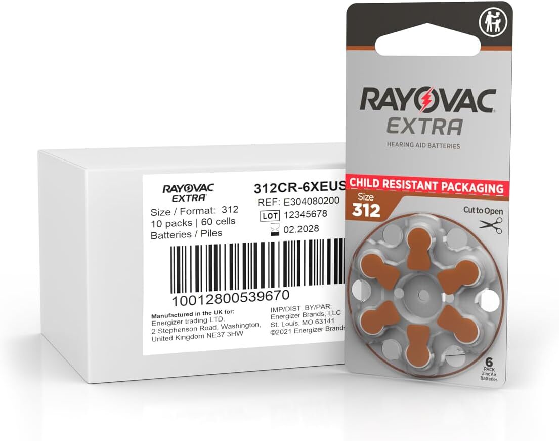 60 x Rayovac Extra 312 Size Hearing aid batteries Zinc air 10 Packs Used By 2028