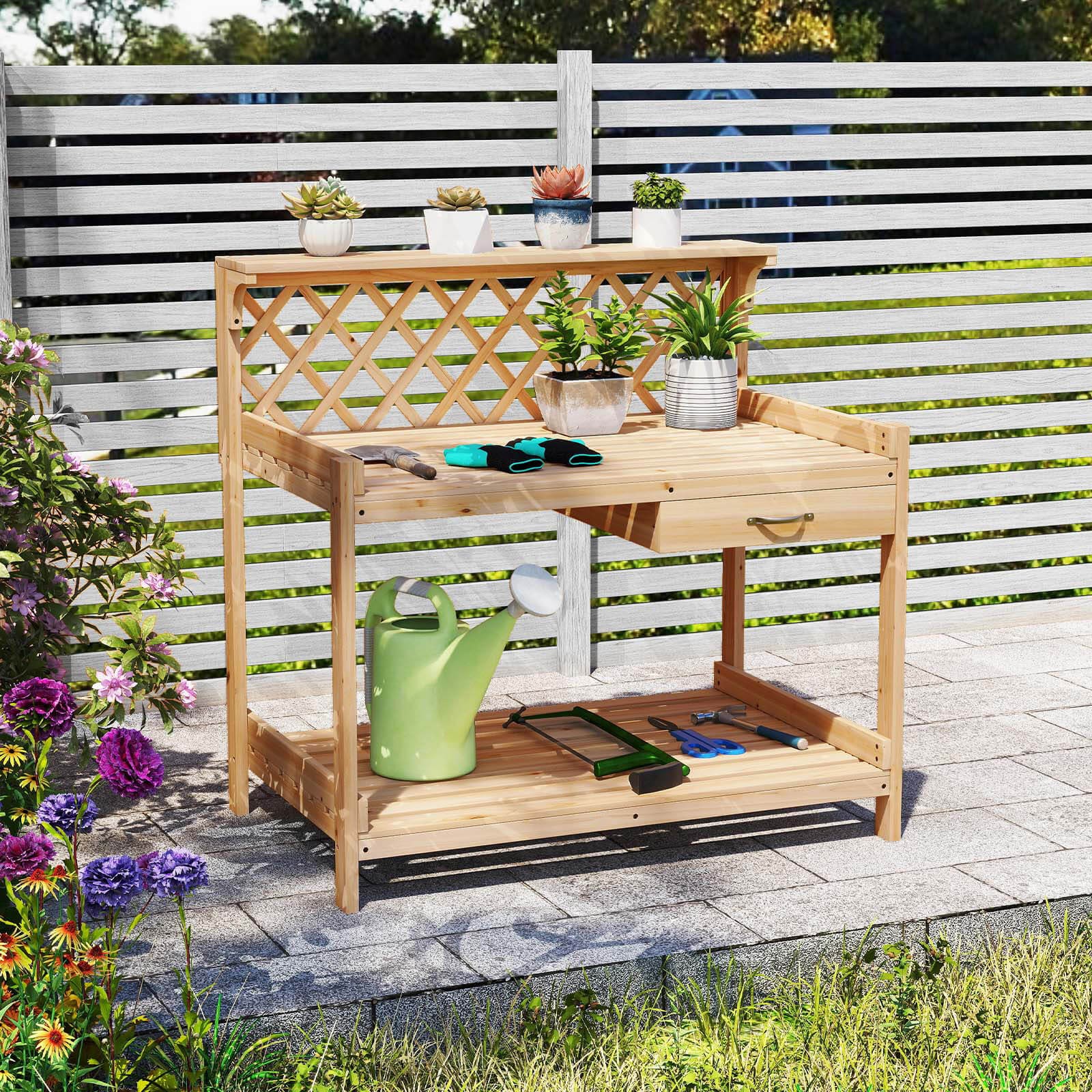 Garden Potting Bench Table w/Lattice Trellis Removable Drawer Top & Lower Shelf