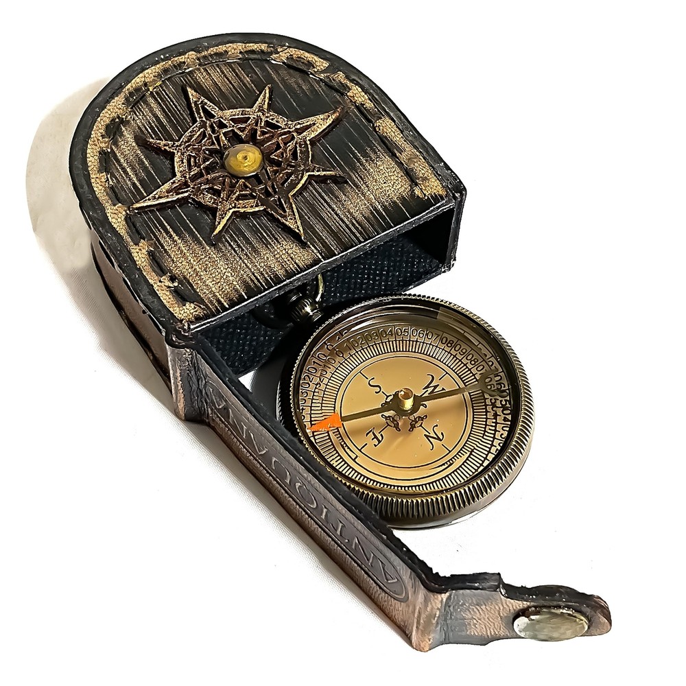Be Strong and Courageous Engraved Compass with Authentic Leather Case Brass C...
